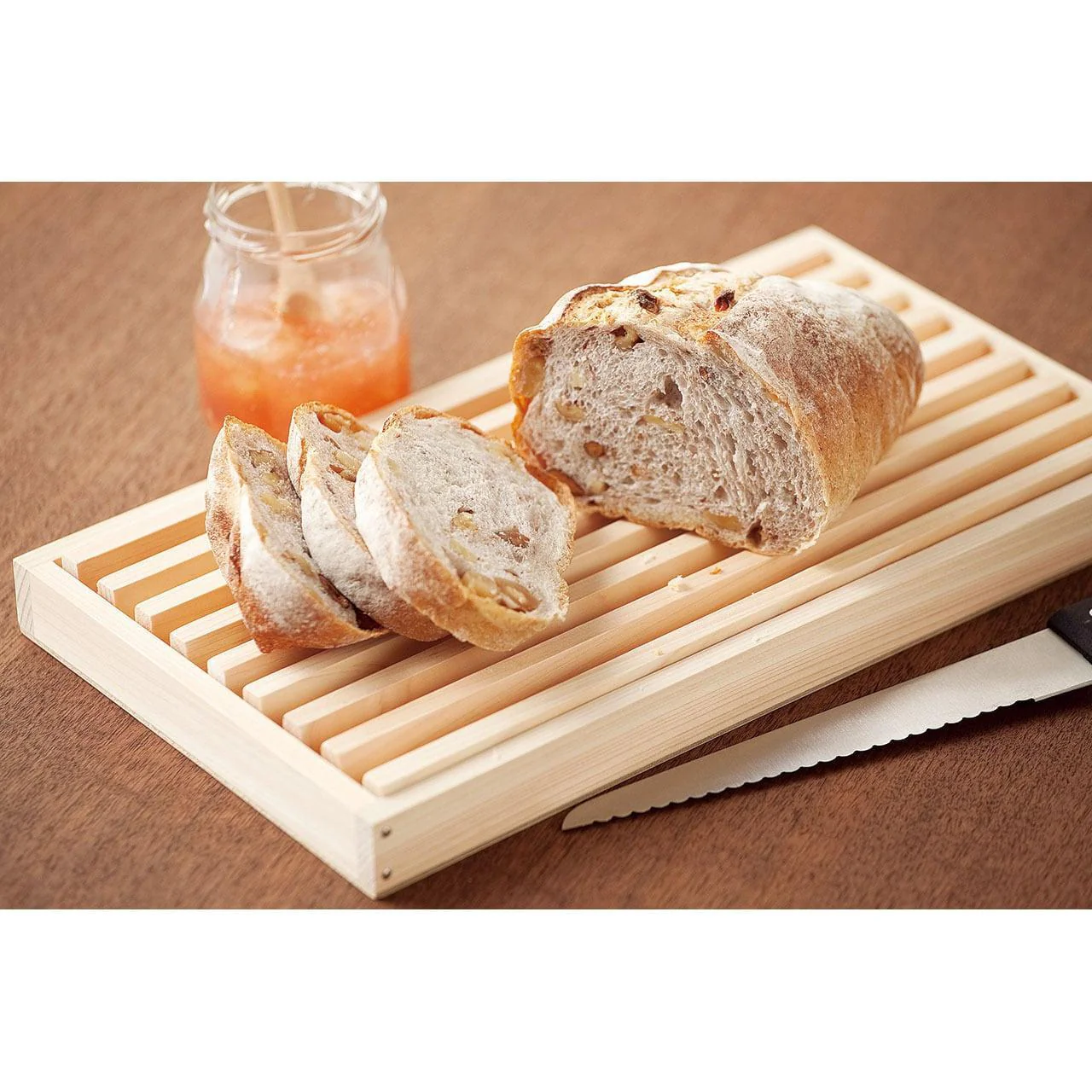 Shimanto Hinoki Cypress Wood Bread Cutting Board with Crumb Tray - Image 2